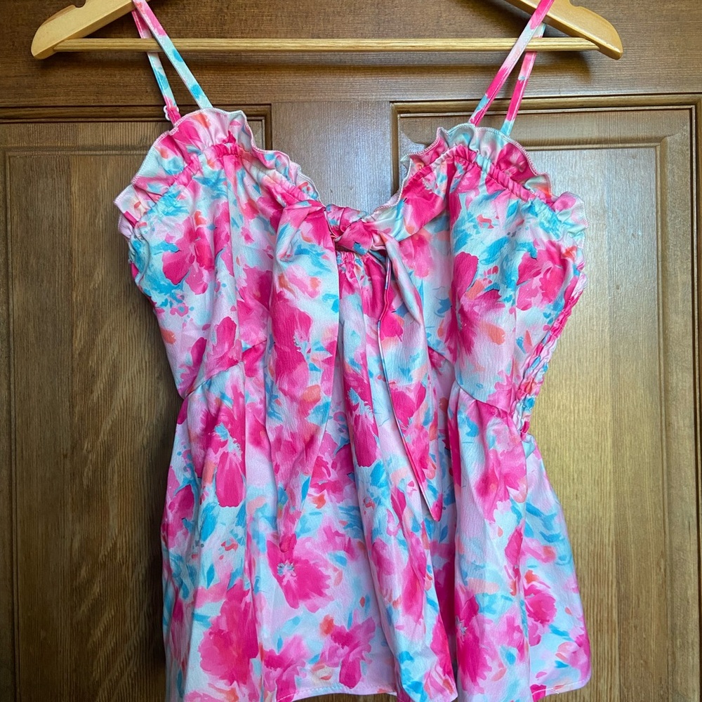 Floral Pink & Aqua Tie-Front Spaghetti Strap Top